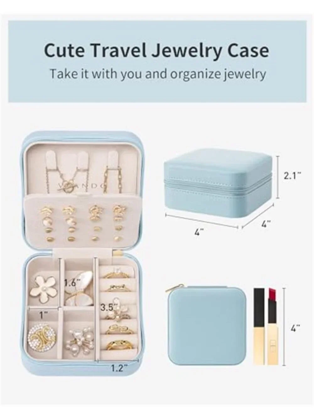Small Travel Jewelry Box Case Organizer Blue Leather Earring Necklace Ring Gift